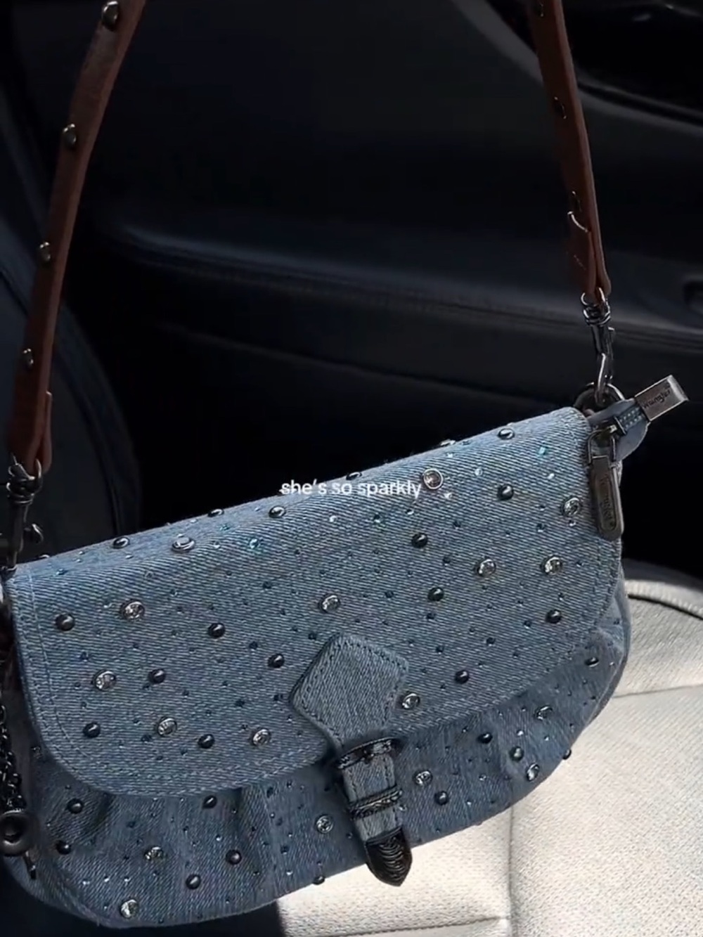 Wrangler Denim Shoulder Bag with Brown Strap and Silver Studs - Picture 7 of 8